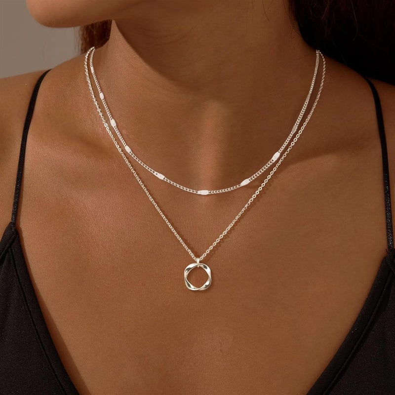 OGD Store Layered CZ Rondelle Pendant Necklaces for Women, 14K Gold Plated Trendy Mariner Chain Dainty Circle Rondelle Pendant Choker Necklace for Women Two-Toned Cubic Zirconia Gold Necklace - Image 2